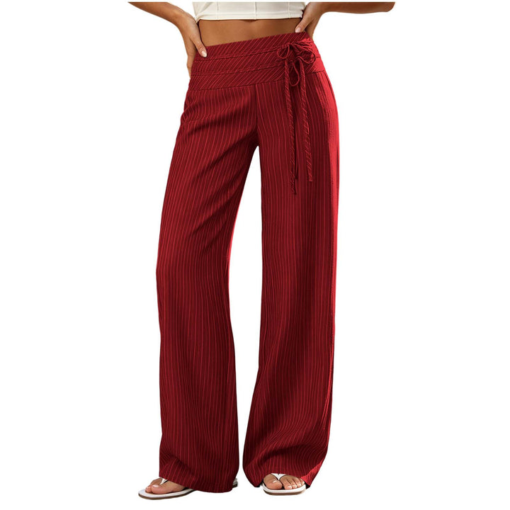 Women Wide High-Waist Palazzo Pants with Striped Pattern and Tie Belt Mune Fashion