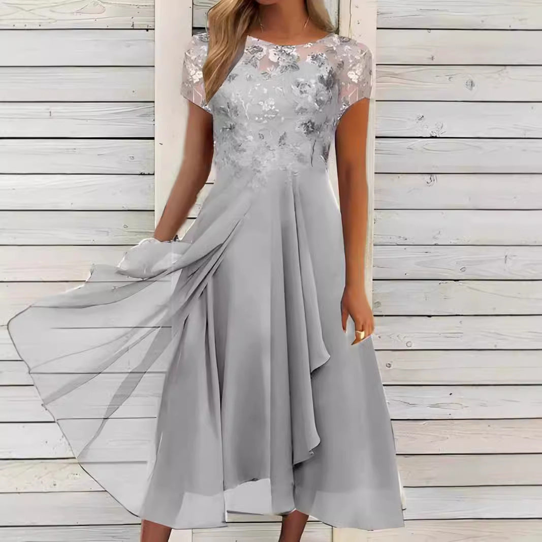 Women's flowing chiffon mid dress with floral embroidered top and asymmetrical tiered skirt Mune Fashion