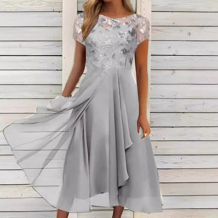 Women's elegant chiffon midi dress with floral lace appliqué and flowing A-line skirt Mune Fashion