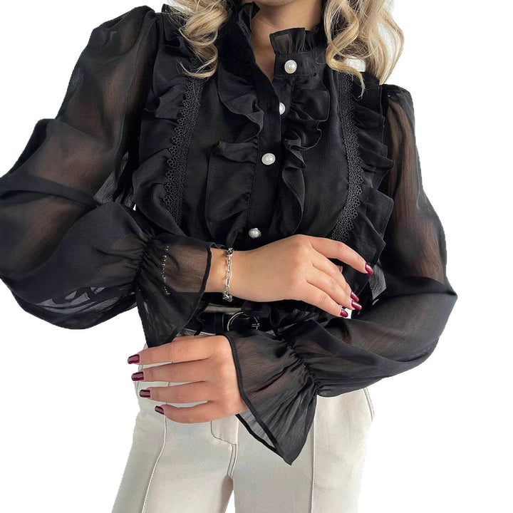 Women's ruffle blouse made of chiffon with stand-up collar and pearl buttons Drune