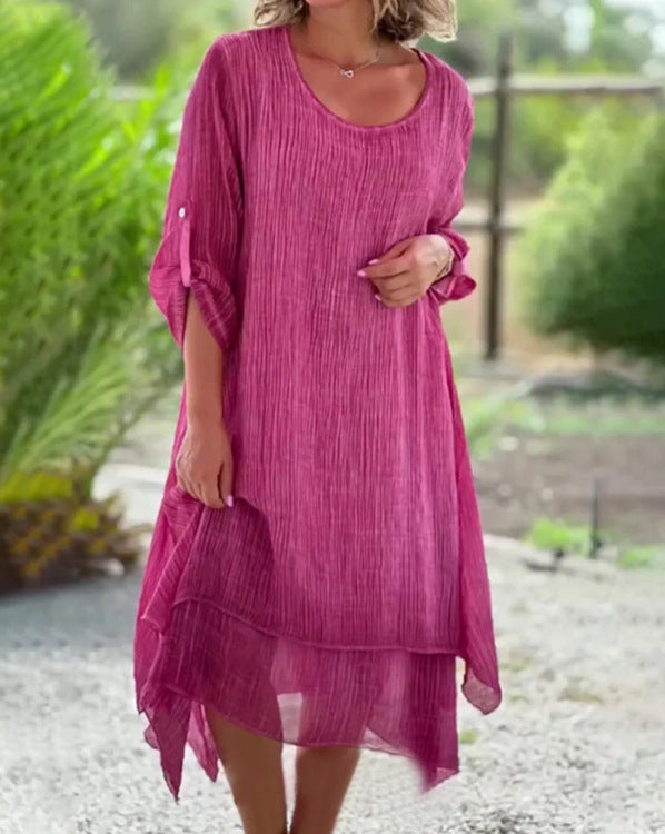 Women’s loose muslin layer midi dress with A-line and roll-up sleeves Mune Fashion