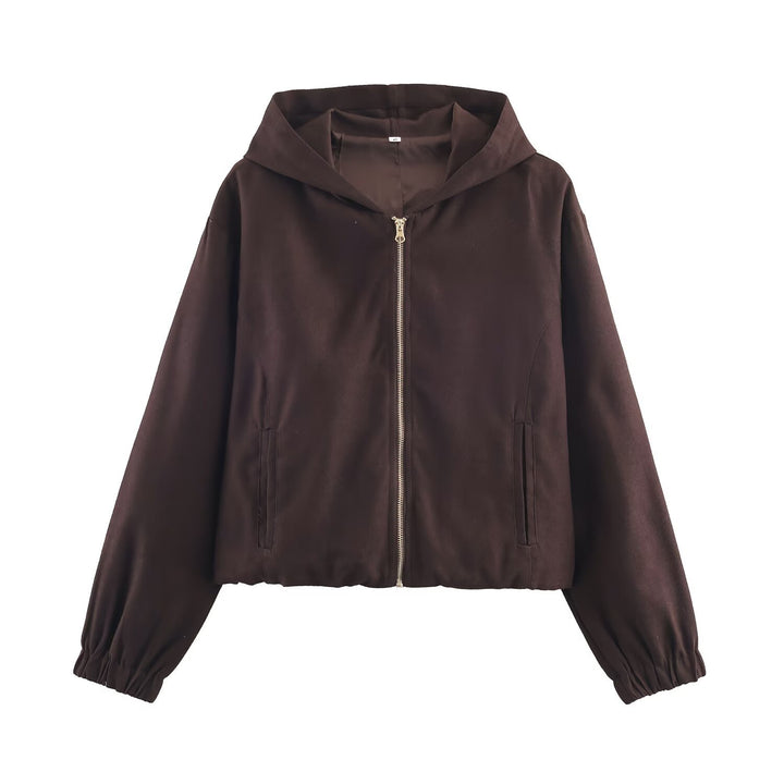 Ladies Boxy Hooded Jacket in Velvet Look with Full Zip and Elastic Hem Mune Fashion