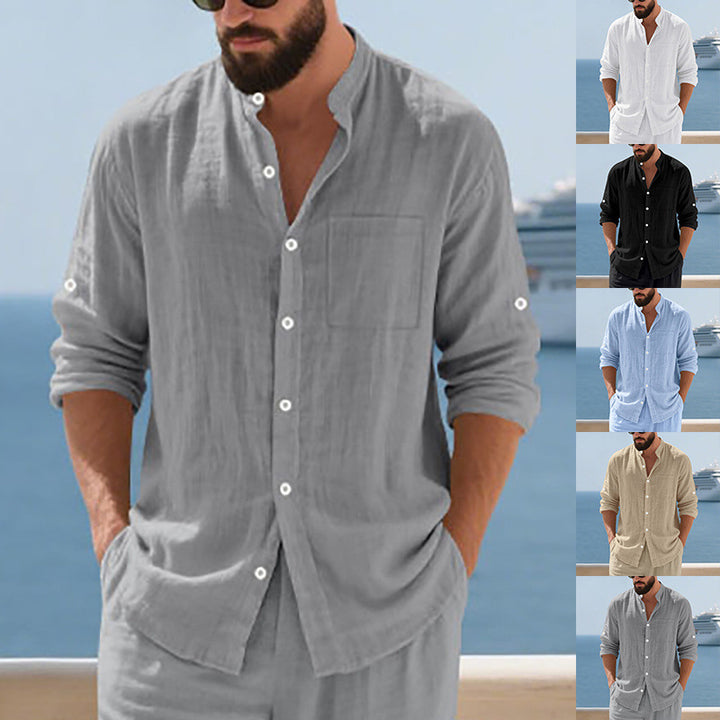 Men's airy linen shirt with stand-up collar, breast pocket, and rollable sleeves Mune Fashion
