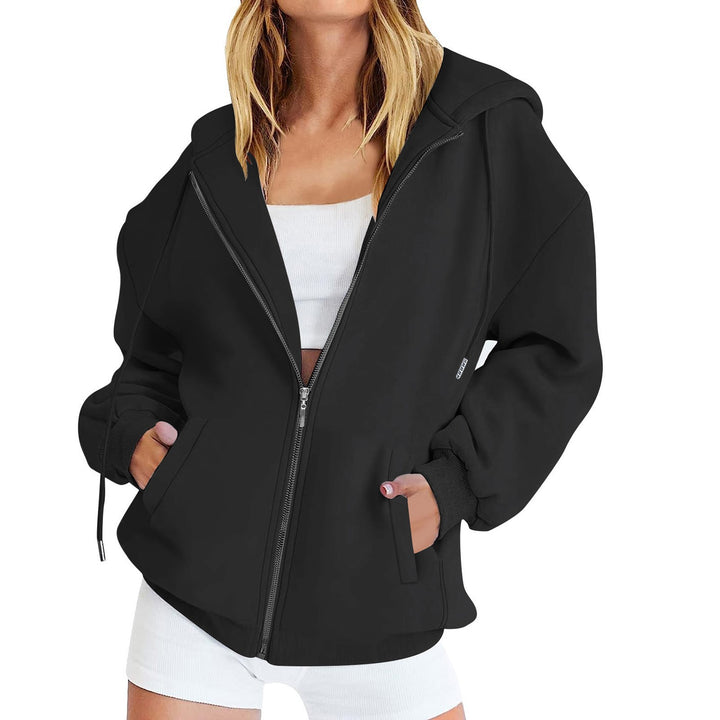 Women's casual zip hoodie jacket in boxy cut with dropped shoulders, hidden drawstring, and large kangaroo pockets Mune Fashion