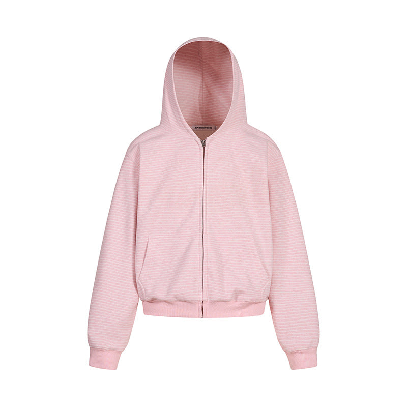 Women's short-cut hooded sweatshirt jacket with short hem, stripe texture, and zipper