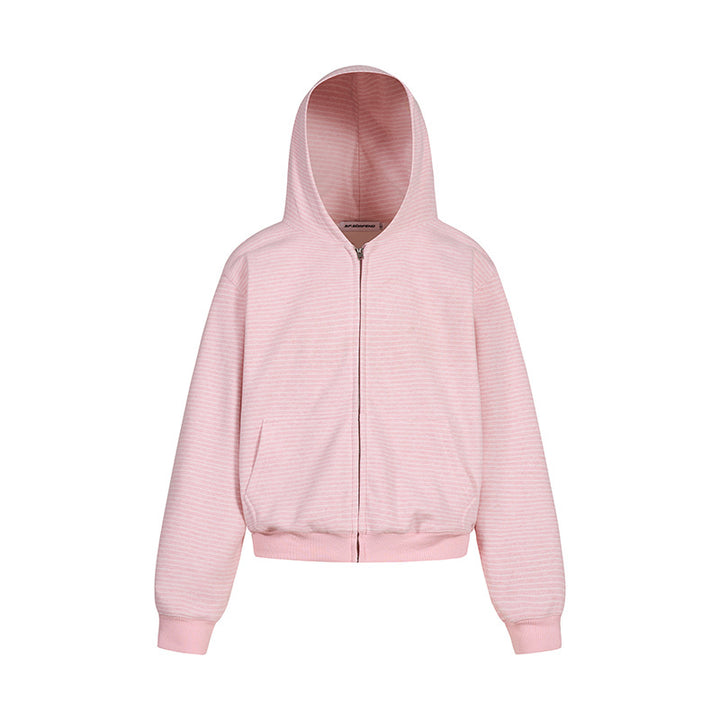 Women's short-cut hooded sweatshirt jacket with short hem, stripe texture, and zipper