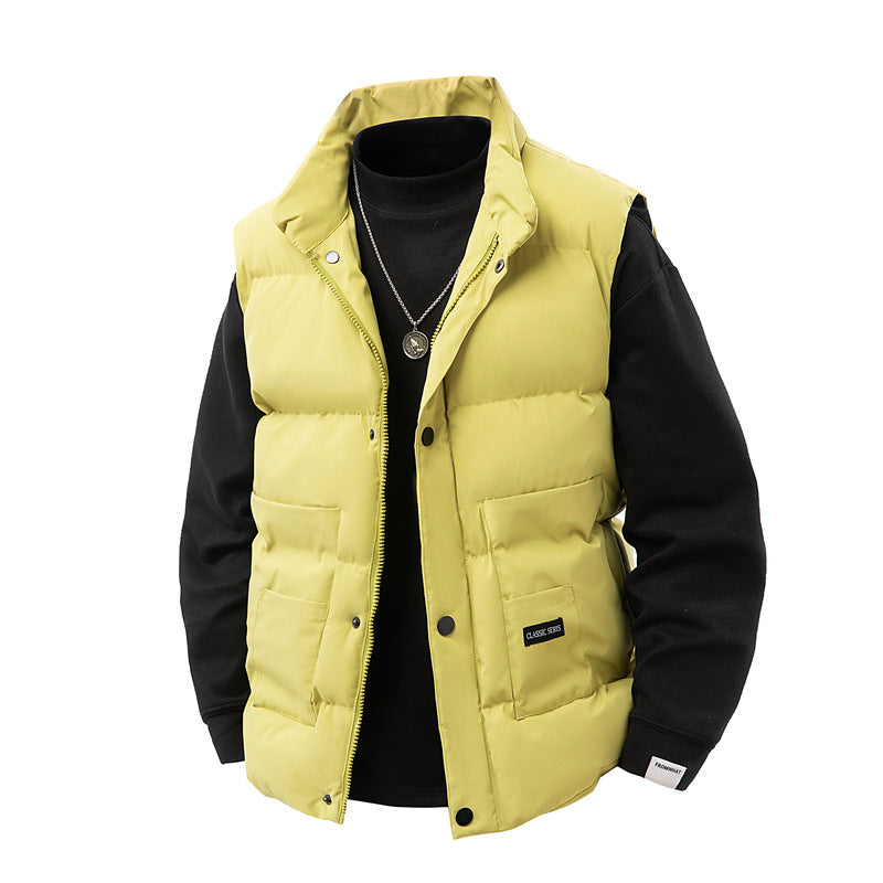 Men's thermo quilted vest with high collar trim, snap button front & mounted utility pockets Mune Fashion