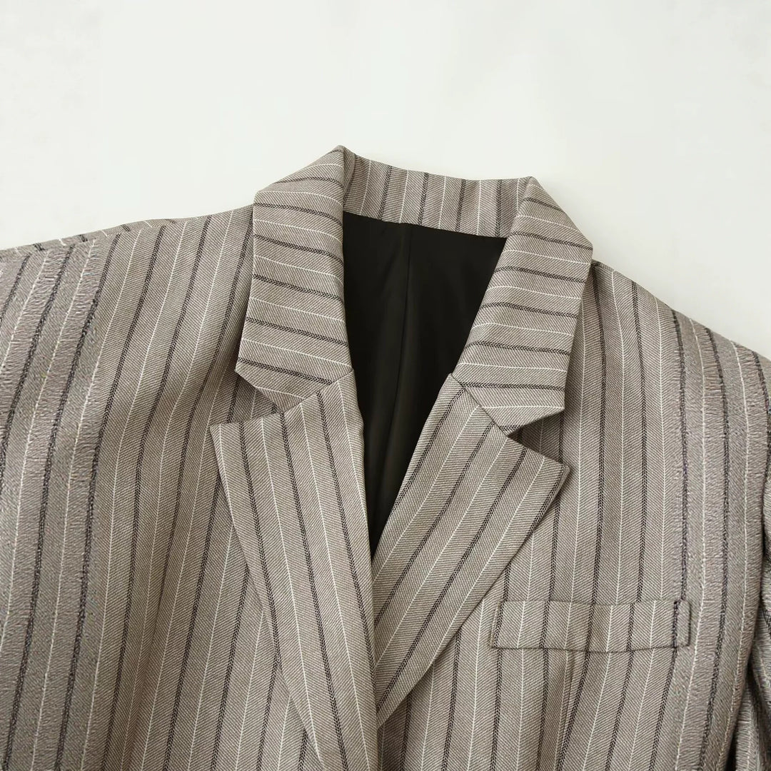 Women's Tailored Linen Blend Blazer with Pinstripes, Patch Pockets and Waist Belt Detail Mune Fashion