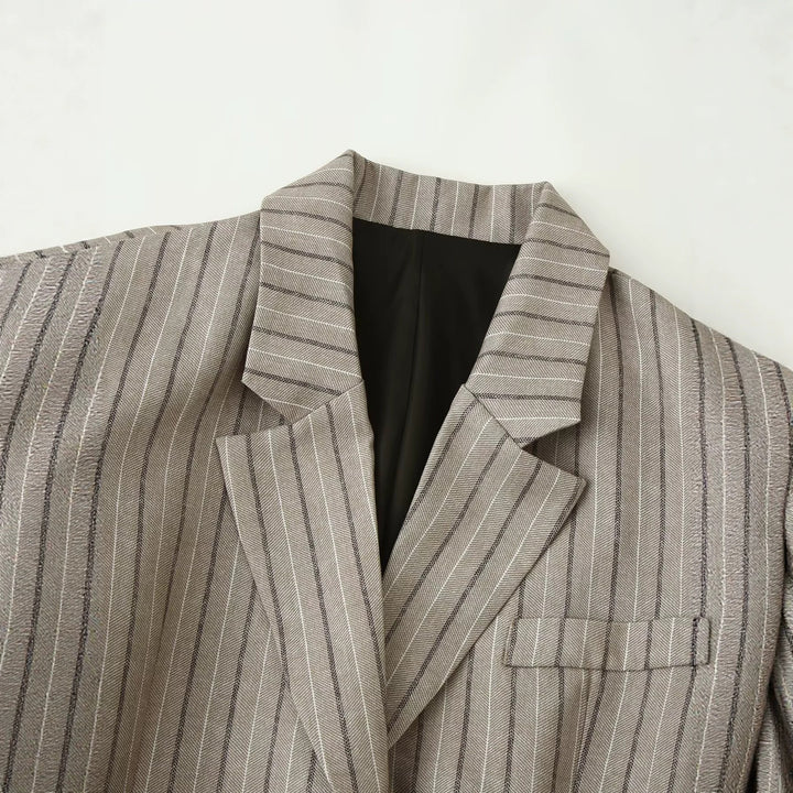 Women's Tailored Linen Blend Blazer with Pinstripes, Patch Pockets and Waist Belt Detail Mune Fashion