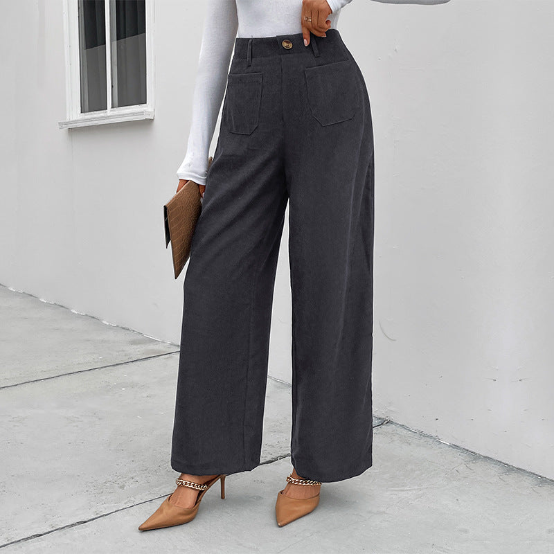 Women's wide corduroy pants with high waist, patch pockets, and wide legs Mune Fashion