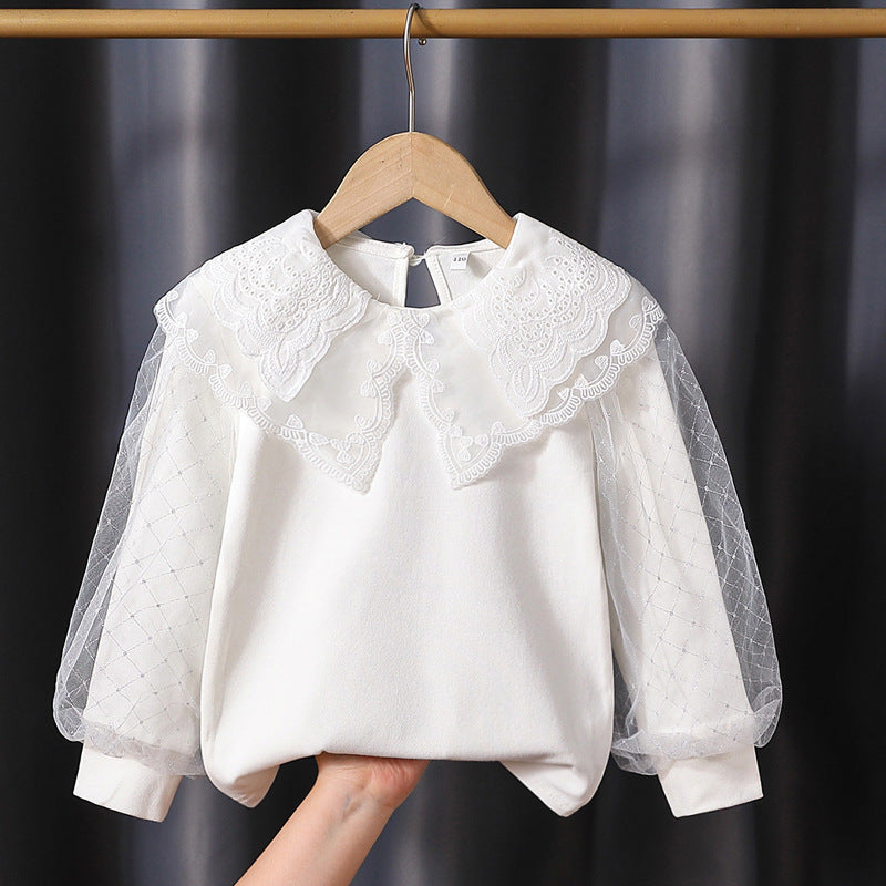 Girls fashionable blouse with elegant tulle sleeves and artistic lace decoration Mune Fashion