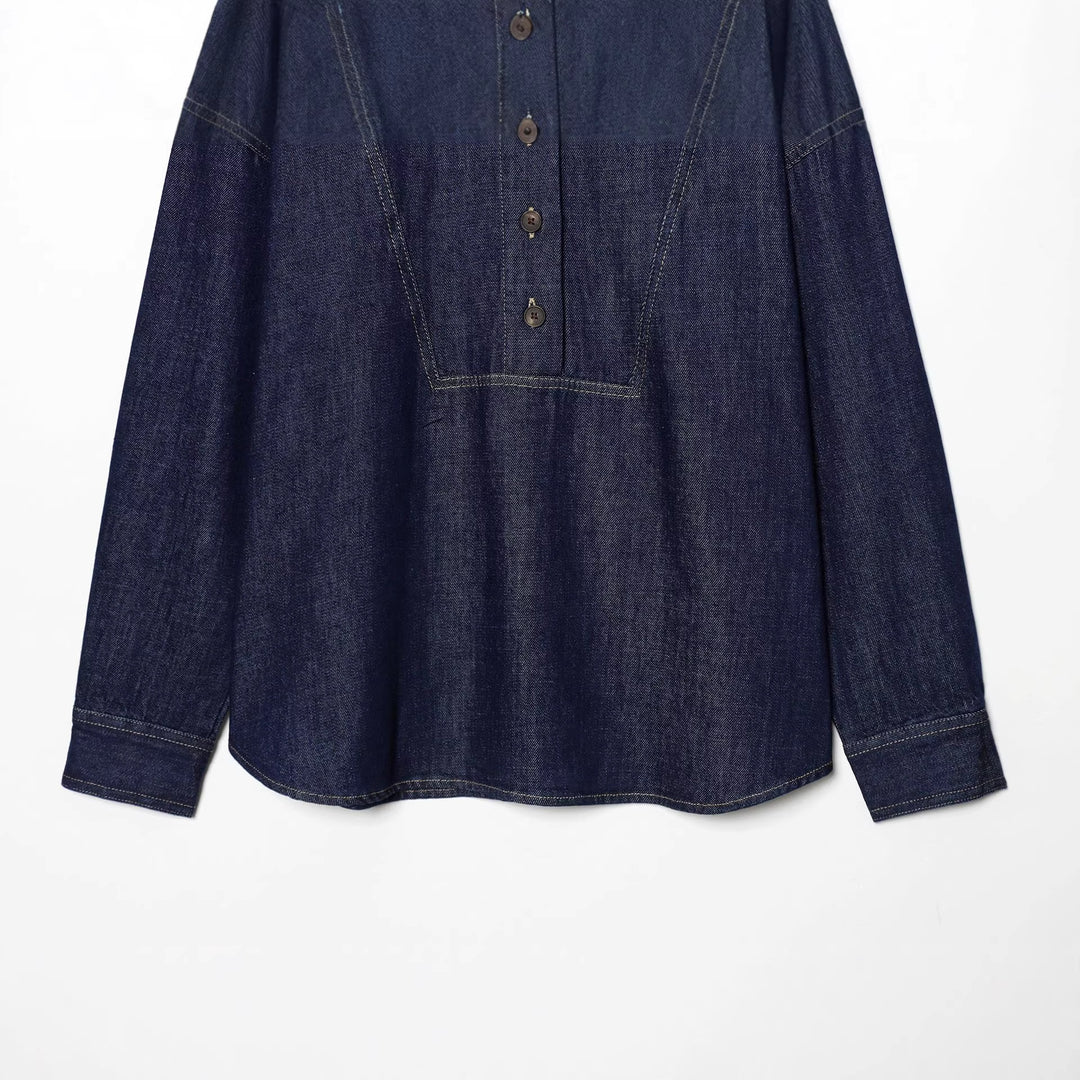 Women nan oversized denim blouse with concealed button placket, distinctive dividing seams, and boxy silhouette Mune Fashion