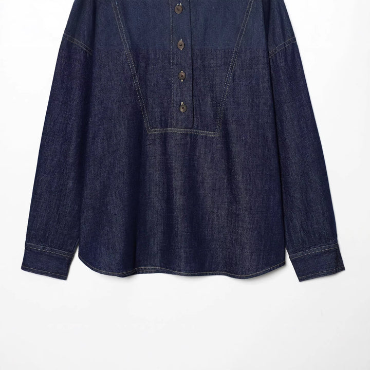 Women nan oversized denim blouse with concealed button placket, distinctive dividing seams, and boxy silhouette Mune Fashion