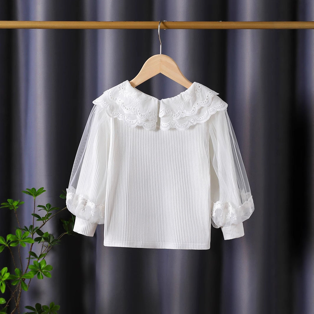 Girl's fashionable blouse with elegant lace collar and tulle sleeves Mune Fashion