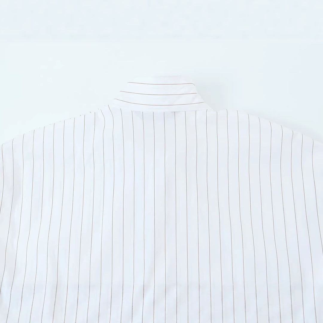 Women Bow Collar Blouse with Fine Pinstripe and Loose Silhouette Mune Fashion
