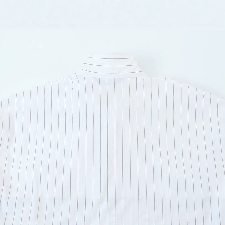 Women Bow Collar Blouse with Fine Pinstripe and Loose Silhouette Mune Fashion
