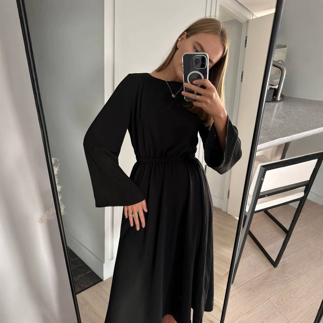 Women Flowing Midi Dress with Boat Neck Elastic Waist yoke and Flared Cuff Sleeves Mune Fashion