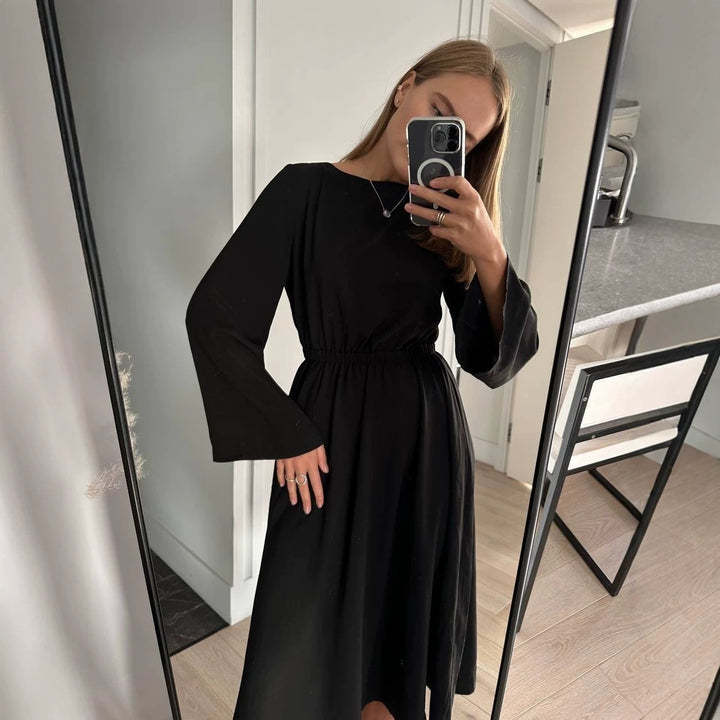Women Flowing Midi Dress with Boat Neck Elastic Waist yoke and Flared Cuff Sleeves Mune Fashion