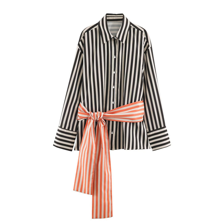 Women's striped satin blouse with waist scarf and oversized cuffs Drune