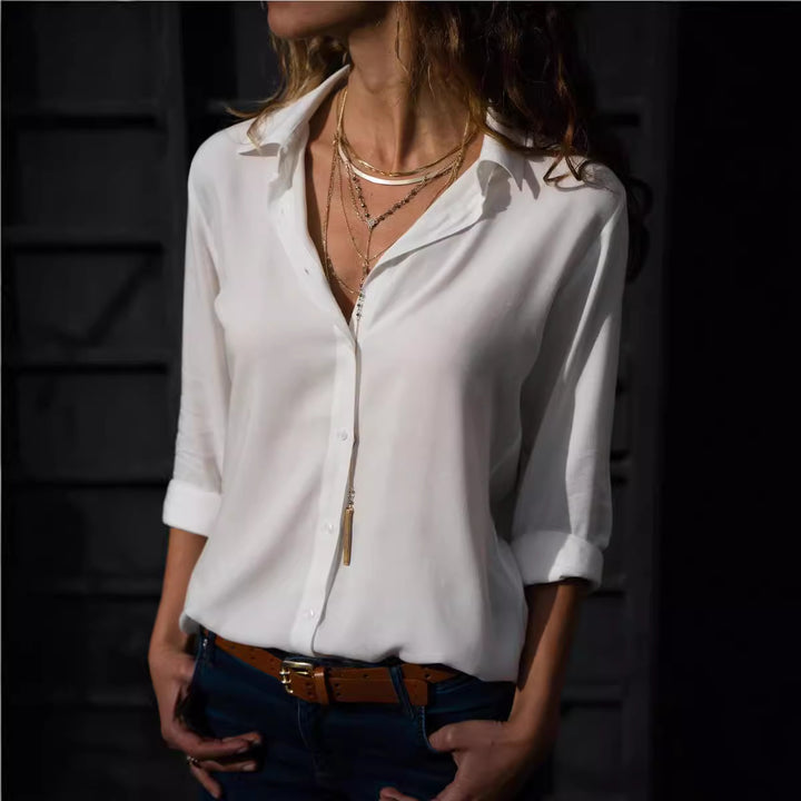 Women's casual viscose chiffon blouse with V-neck and cuffed sleeves Mune Fashion