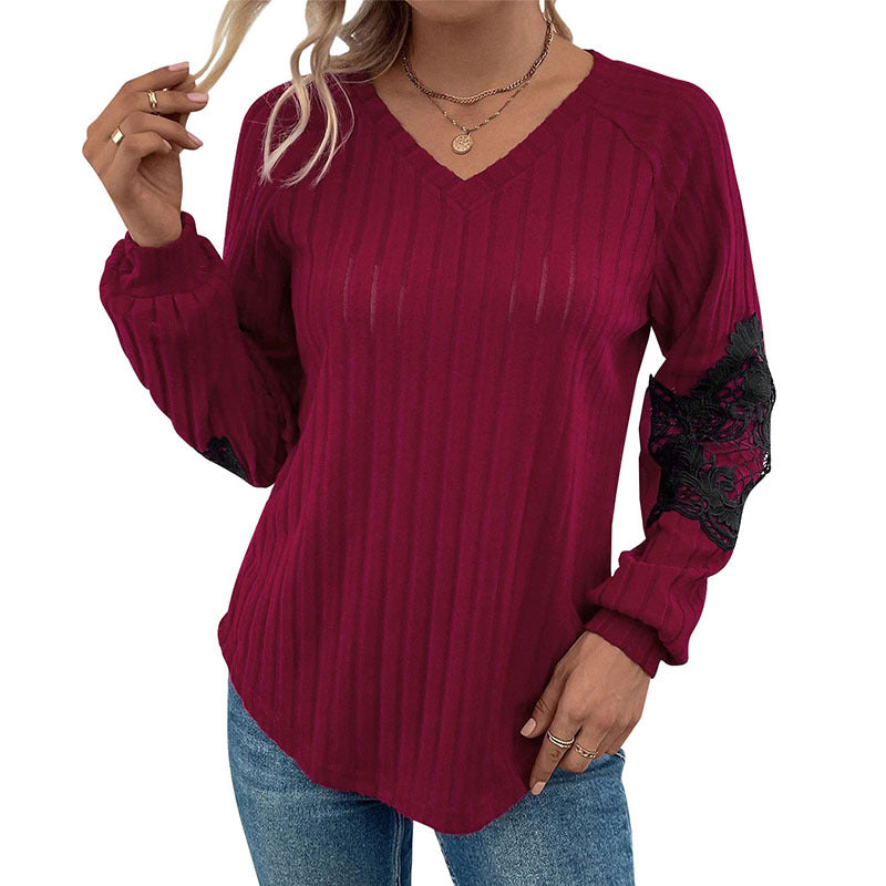 Ladies Light Ribbed Knit Sweater with V-Neck and Floral Lace Application on the Sleeves Mune Fashion