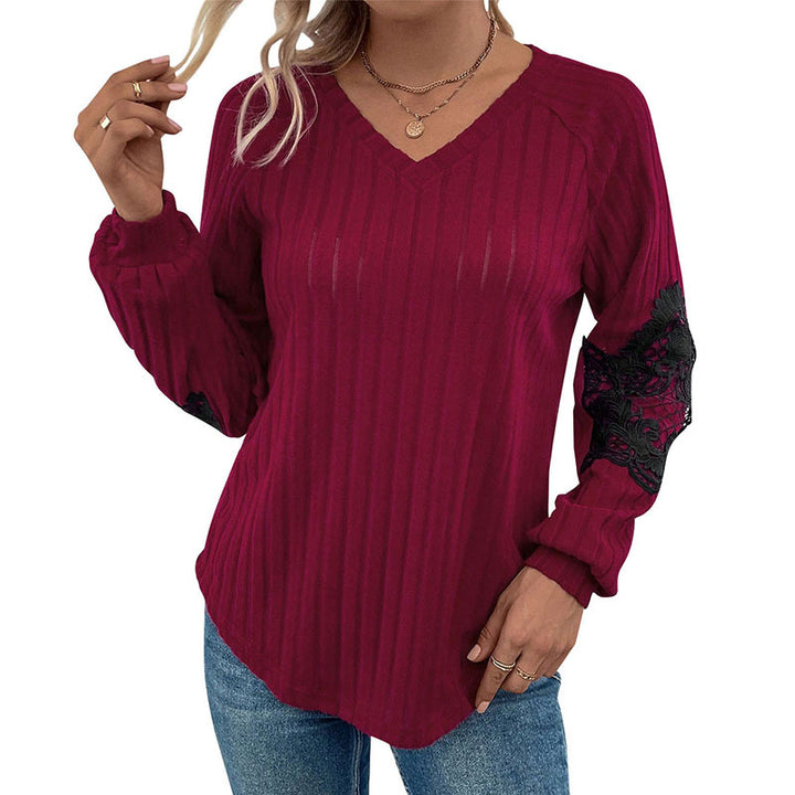 Ladies Light Ribbed Knit Sweater with V-Neck and Floral Lace Application on the Sleeves Mune Fashion