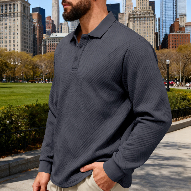 Men's textured long sleeve polo with embossed waffle texture and half-button placket Mune Fashion