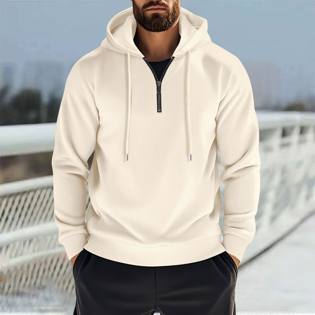 Men's Hooded Sweatshirt with Half Zipper and Fine Waffle Structure Mune Fashion