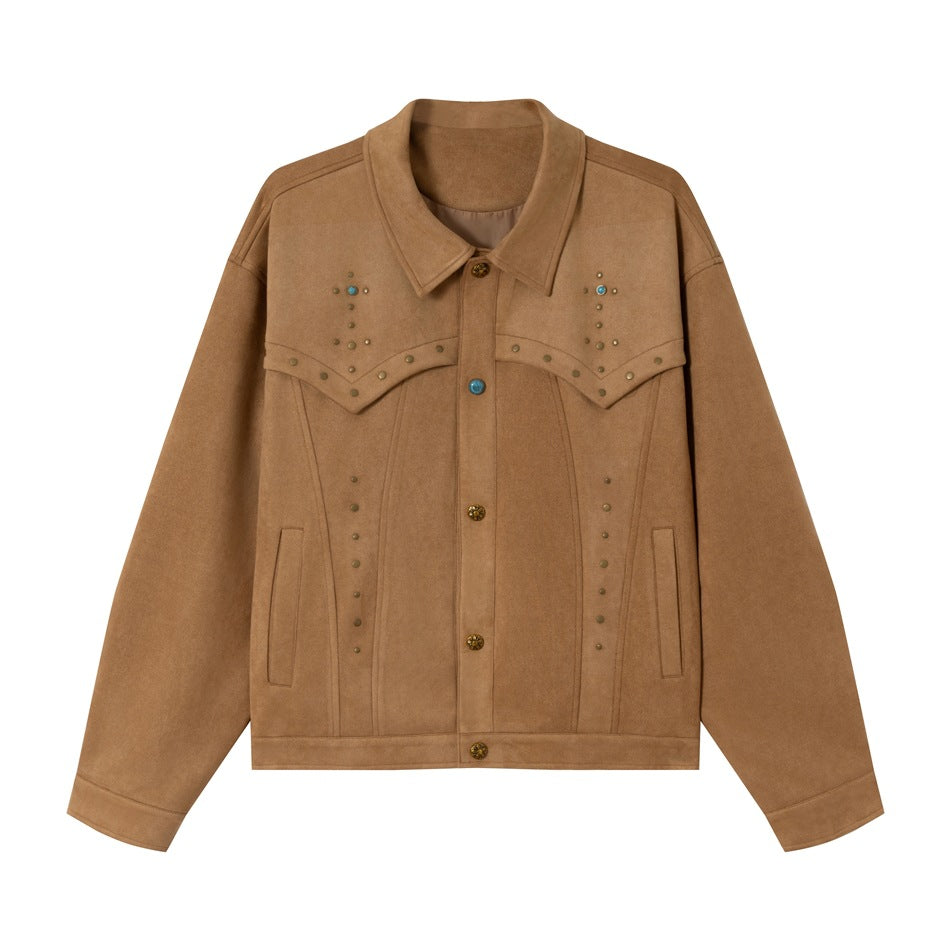 Women's Short Cut Suede-Look Blouson Jacket with Western Yoke and Stud Application Mune Fashion
