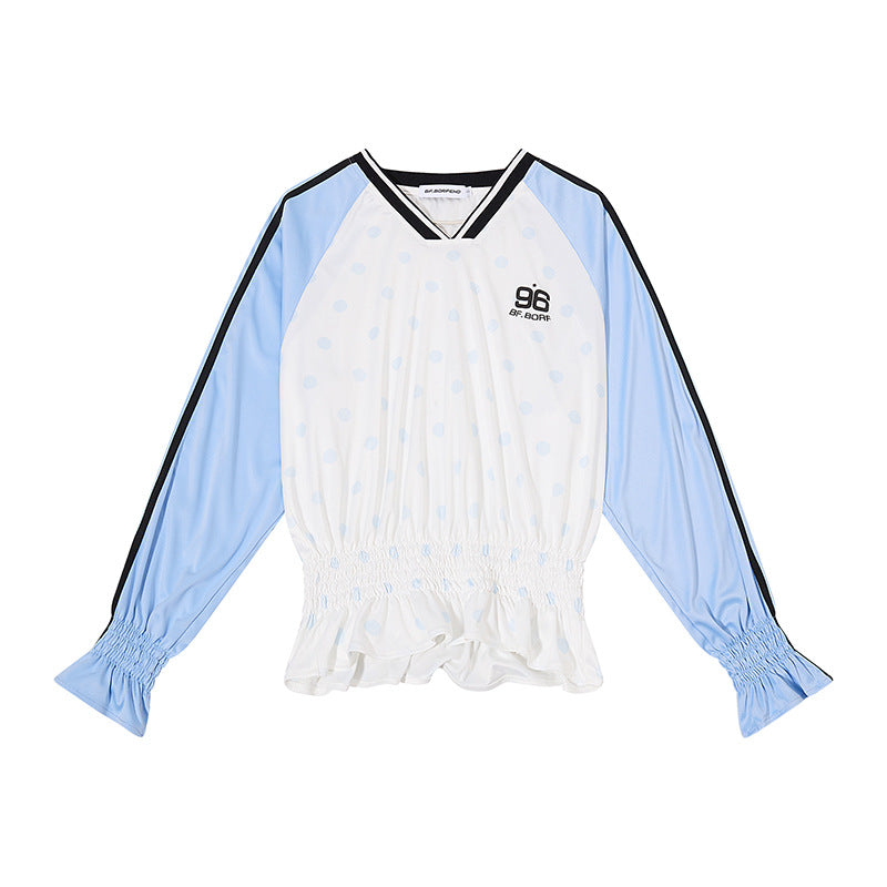 Women's Sporty Long Sleeve Shirt with Raglan Sleeves, Smocked Waistband and V-Neck Dress