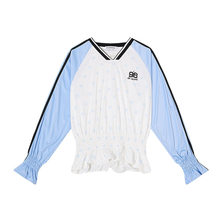 Women's Sporty Long Sleeve Shirt with Raglan Sleeves, Smocked Waistband and V-Neck Dress