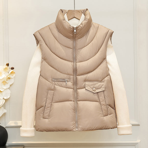 Women's sleeveless quilted insulation vest with high stand-up collar, concealed zipper, and multifunctional pockets Mune Fashion