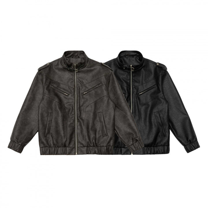 Men's Boxy Faux Leather Blouson with Stand Collar, Shoulder Epaulettes and Elastic Hem Mune Fashion