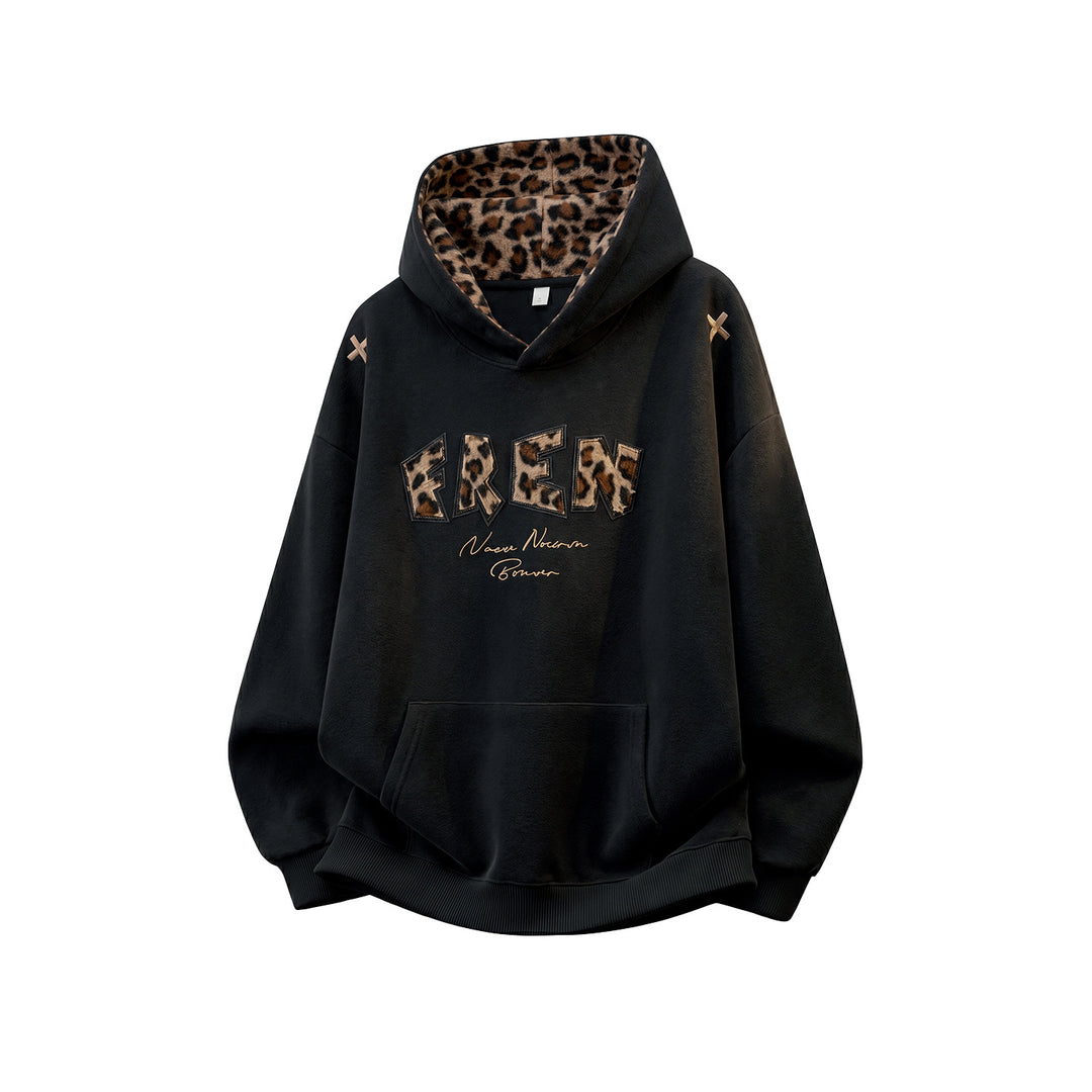 Ladies Oversize Hoodie with Lined Leopard Hood and Application Lettering Mune Fashion