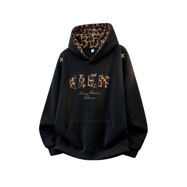 Ladies Oversize Hoodie with Lined Leopard Hood and Application Lettering Mune Fashion