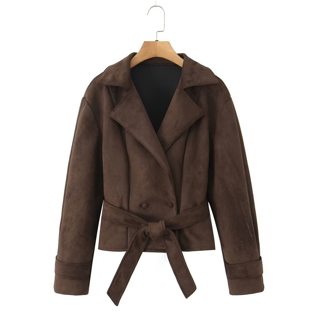 Women's Short Suede Look Jacket with Waist Belt and Lapel Collar Mune Fashion