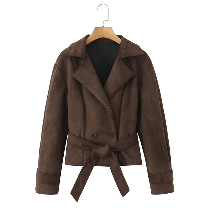 Women's Short Suede Look Jacket with Waist Belt and Lapel Collar Mune Fashion