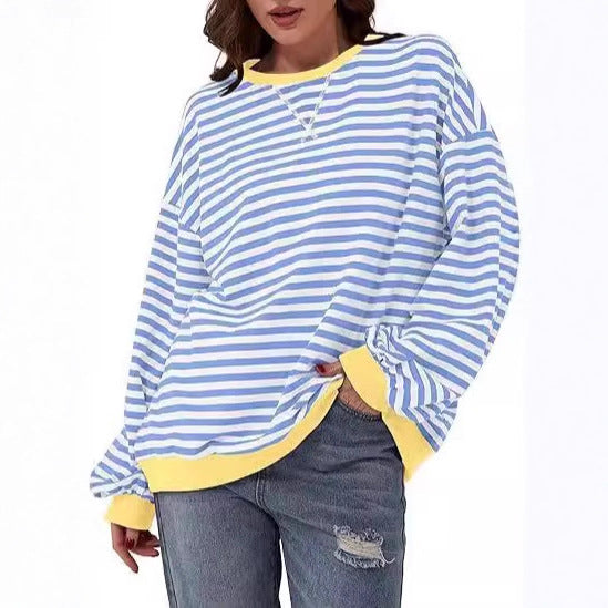 Women Casual Oversized Stripe Sweatshirt with Raglan Sleeves and Contrast Cuffs Drune