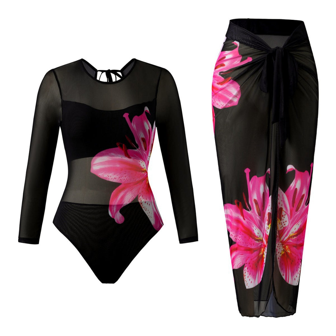 Women Elegant Swimsuit with Long Sleeve and Transparent Wrap Skirt Mune Fashion