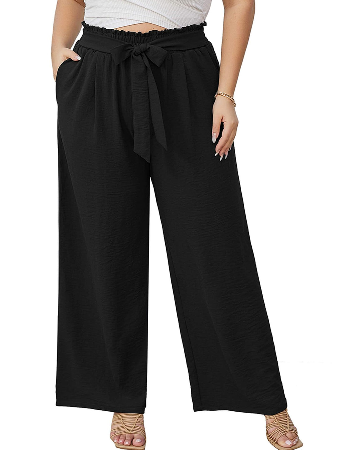 Women's paperbag pants with wide leg, elastic waistband, tie belt, and side pockets Mune Fashion