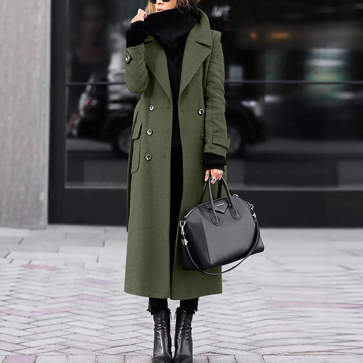 Women Long Double-Breasted Wool Blend Coat with Distinctive Lapels and Flap Pockets Mune Fashion