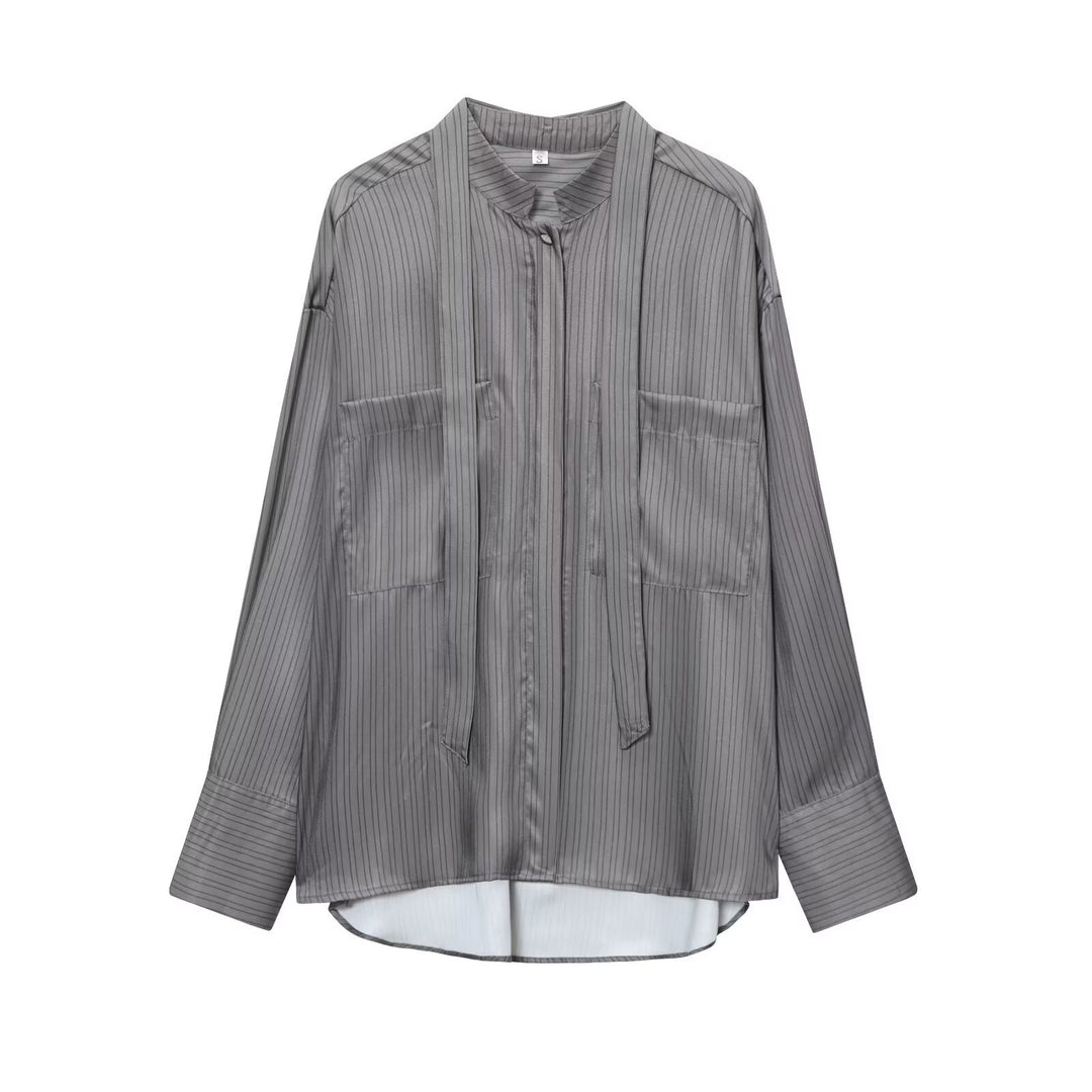 Women's Oversized Silk-like Blouse with Bow and Breast Pockets Mune Fashion