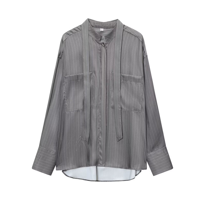 Women's Oversized Silk-like Blouse with Bow and Breast Pockets Mune Fashion