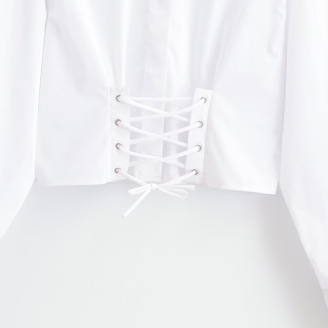 Women's short blouse with stand-up collar, cord corsage at the hem and voluminous sleeves Mune Fashion