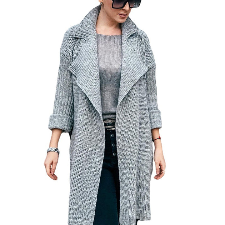 Women Long Open Knit Coat with Shawl Collar and Cuffed Sleeves Mune Fashion