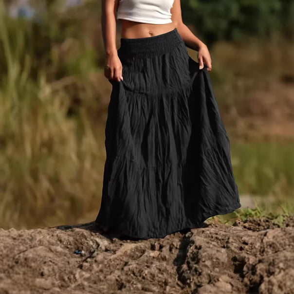 Women's maxi skirt with tiers, gathered smocked waistband and airy crinkle fabric Mune Fashion