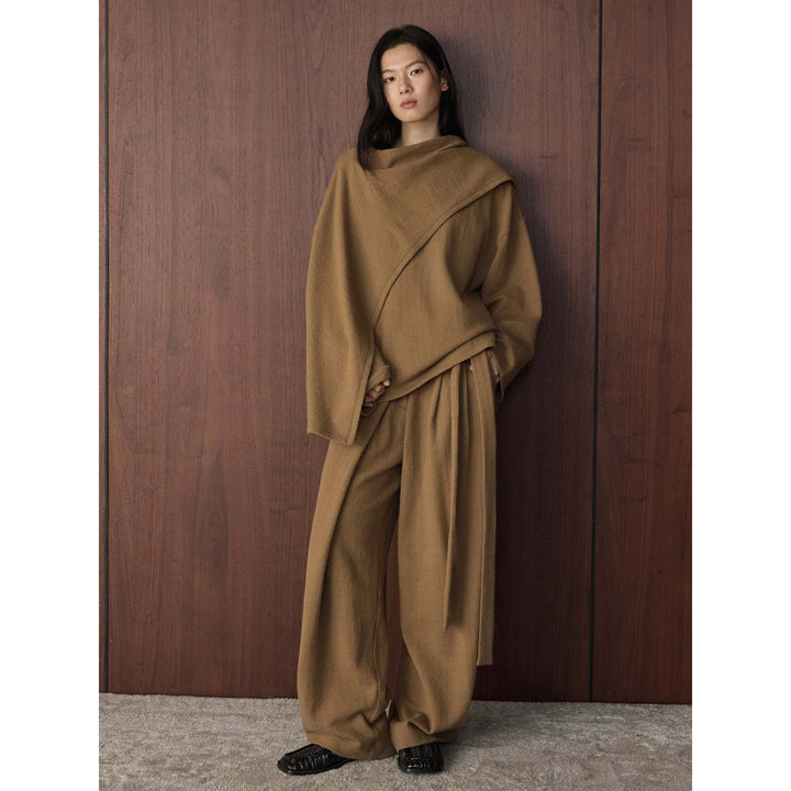 Women's High-Waisted Palazzo Pants made of structured wool blend with pleat and tunnel belt Mune Fashion