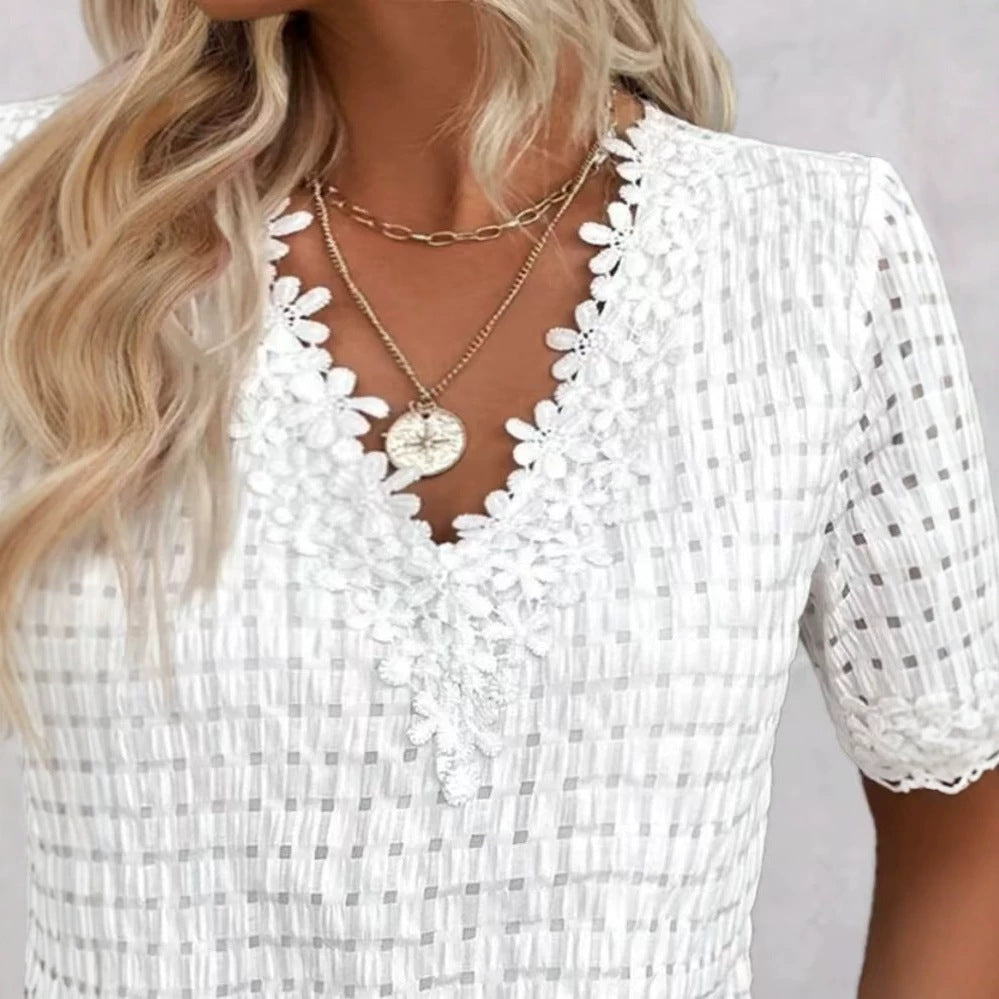 Women's lightweight structured shirt with check mesh, decorative lace trim at the V-neck and short sleeve hems Mune Fashion