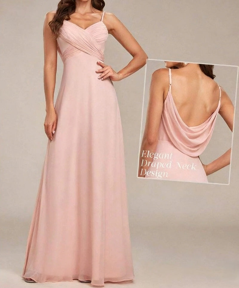 Ladies flowing chiffon evening dress with crossed draping, empire waist and fine spaghetti straps Mune Fashion