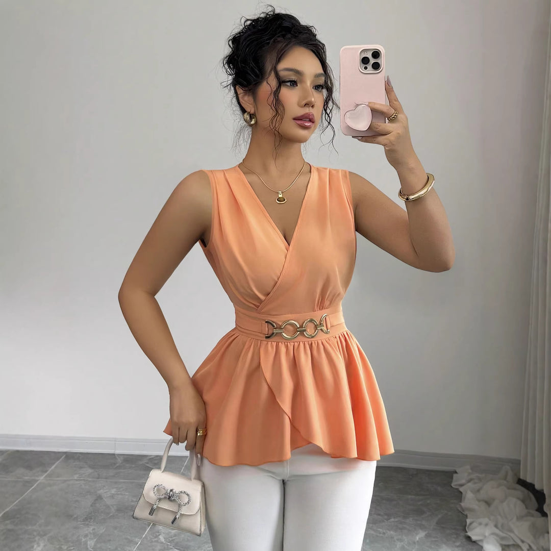 Women Tailored Wrap Top with Ruffle Peplum and Decorative Metal Belt Mune Fashion
